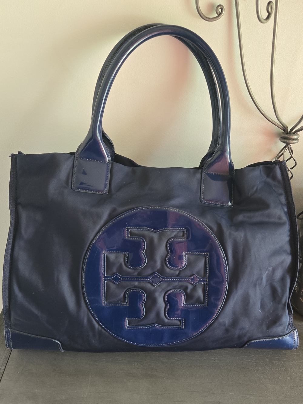 Tory Burch Navy Blue Nylon Tote with Patent Logo